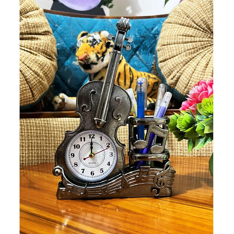 Vintage-Violin-Table-Clock-with-Pen-Holder-Showpiece-srbmart
